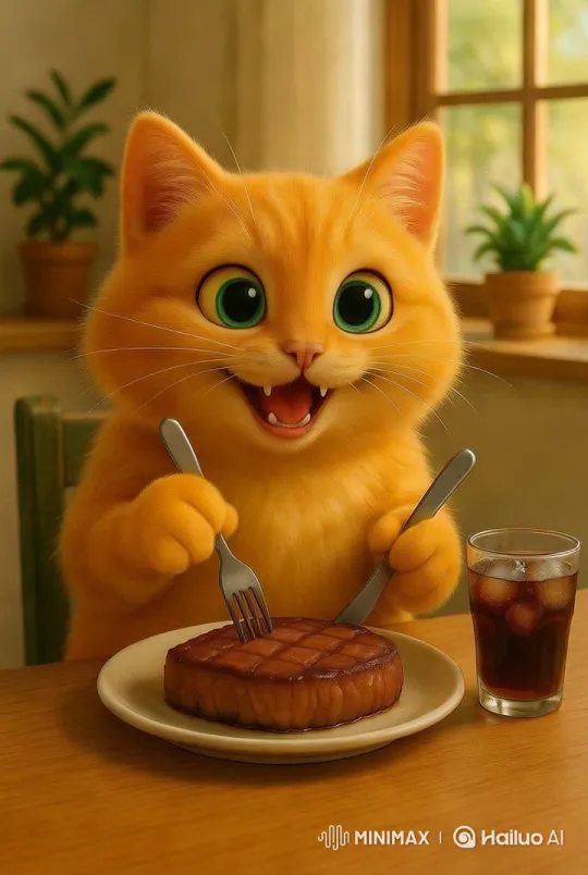 Cat Joyfully Dines with Steak and Cola – AI Generated Video | Hailuo AI