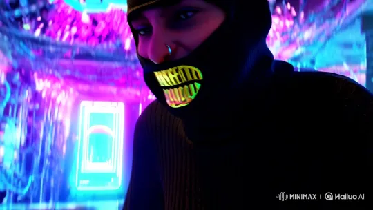 Surreal Portrait: Masked Figure in Chaotic Neon Void – AI Generated Video | Hailuo AI