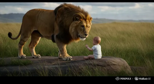 Majestic Lion Approaches Baby in Tense Encounter – AI Generated Video | Hailuo AI