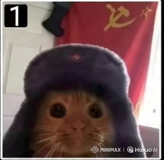 Cat Raises Paw in Front of Soviet Flag Room – AI Generated Video | Hailuo AI