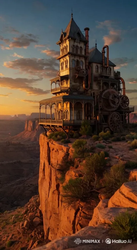 Steampunk House on Cliff at Sunset – AI Generated Video | Hailuo AI