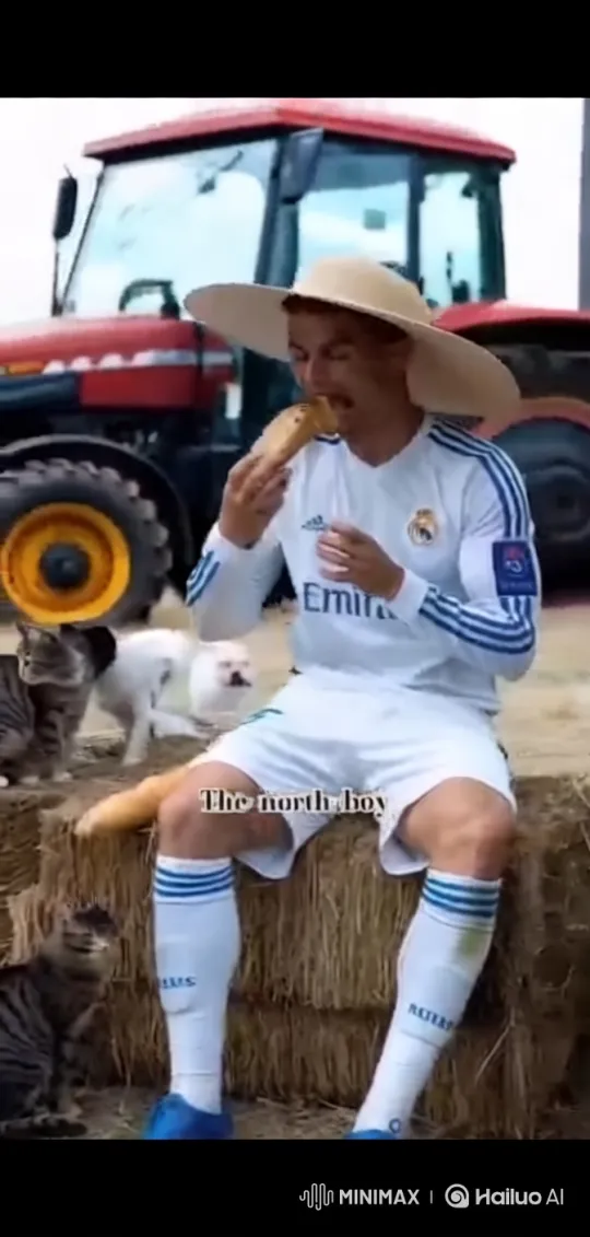 Ronaldo in Rustic Setting with Cats and Tractor – AI Generated Video | Hailuo AI