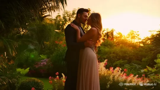 Intimate Garden Embrace Captured in Golden Light – AI Generated Video | Hailuo AI