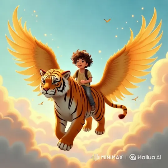 Majestic Winged Tiger Carries Child in Dreamy Sky Flight – AI Generated Video | Hailuo AI