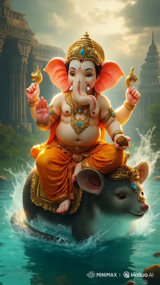 Divine Ganesha Glides Over Serene Waters Amidst Sacred Calm – AI Generated Video | Hailuo AI