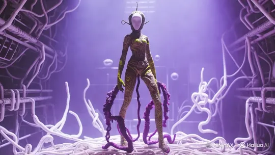 Surreal Transformation: Humanoid to Latex Goddess in Futuristic Biomechanical Realm – AI Generated Video | Hailuo AI