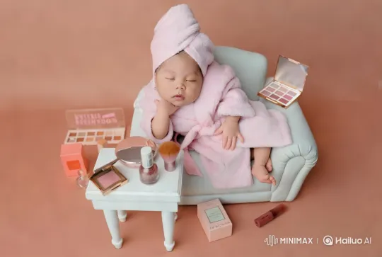 Baby in Plush Robe Amidst Makeup Display – AI Generated Video | Hailuo AI
