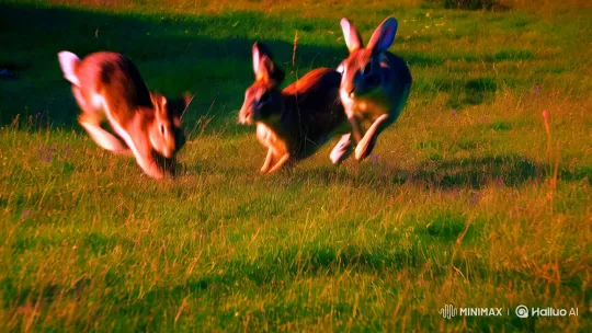Rabbits Frolic in Golden-Hour Meadow with Vivid Aesthetics – AI Generated Video | Hailuo AI