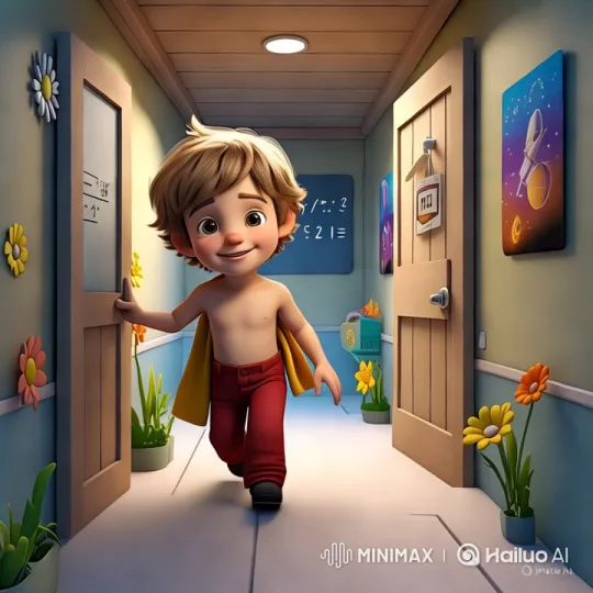 Child in Red Pants and Cape Enters Vibrant Room – AI Generated Video | Hailuo AI
