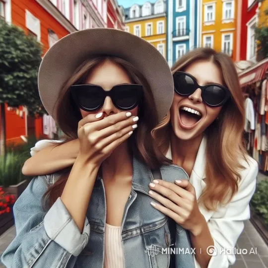 Vibrant Street Scene: Women's Playful Camaraderie – AI Generated Video | Hailuo AI