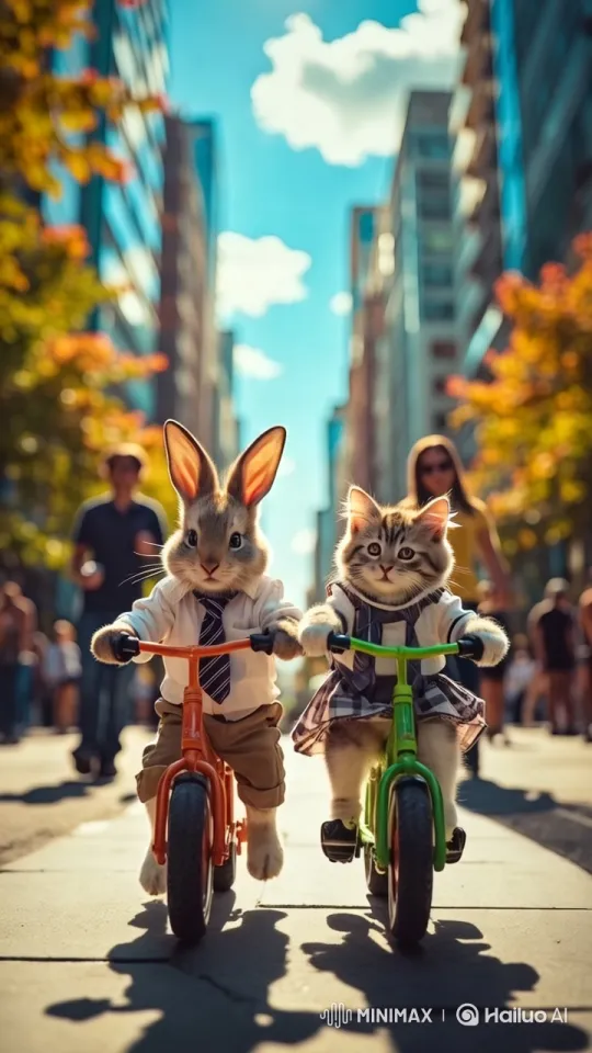 Charming Bunny and Cat Pedal Through City on Bikes – AI Generated Video | Hailuo AI