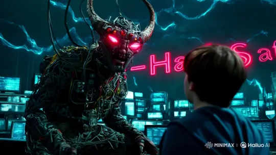 Cyber-Demon Instructs Boy in High-Tech Rebellion Scene – AI Generated Video | Hailuo AI