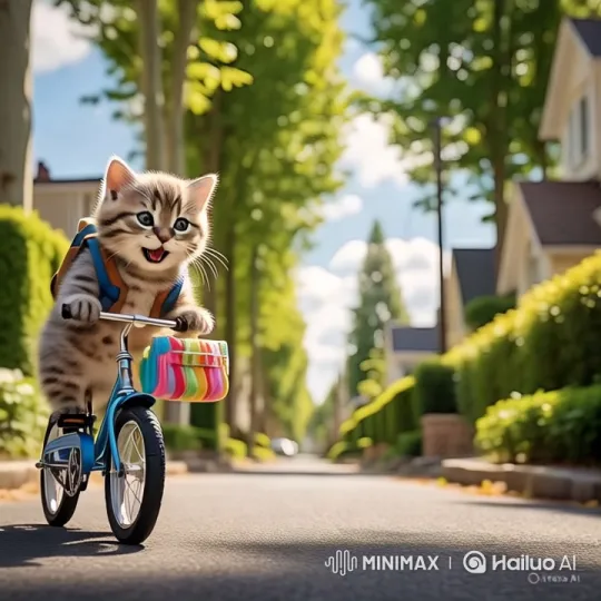 Kitten Joyfully Rides Bicycle in Sunny Suburb – AI Generated Video | Hailuo AI