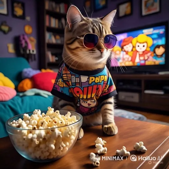 Stylish Cat in Graphic Tee Enjoys Popcorn and Animated TV Show – AI Generated Video | Hailuo AI