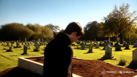 A Solitary Figure Reflects at a Grave in a Sunlit Cemetery – AI Generated Video | Hailuo AI