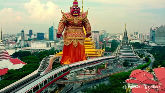 Thai Giant Thotsakan Ravages BTS in Bangkok's Skytrain Scene – AI Generated Video | Hailuo AI