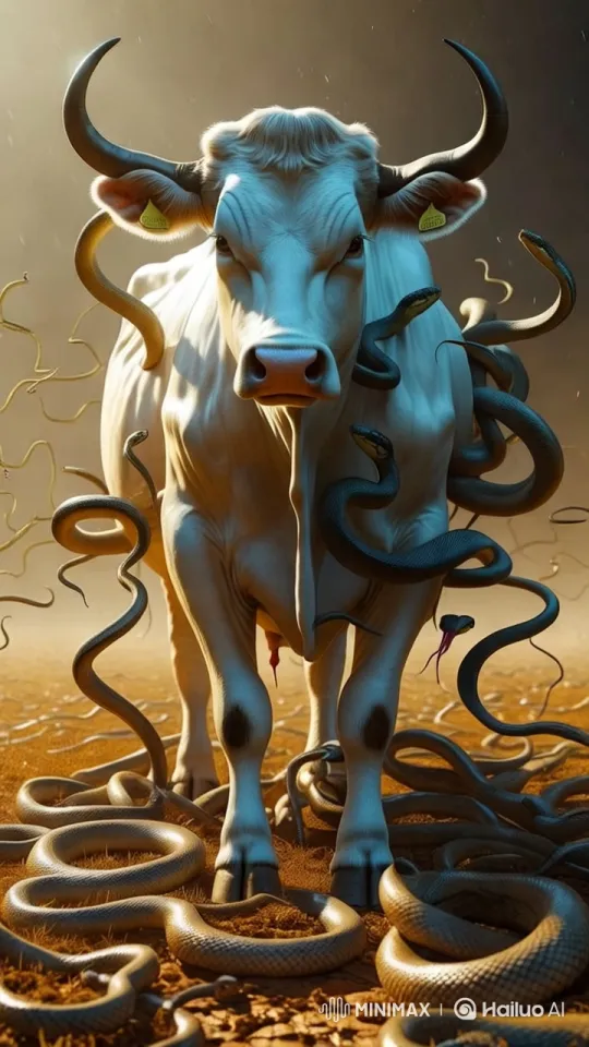 Snakes Emerging to Envelop a Stationary White Cow – AI Generated Video | Hailuo AI