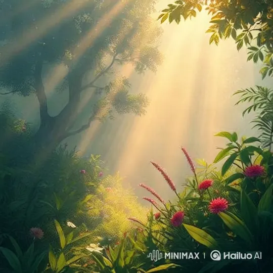 Enchanted Forest: Golden Sunlight and Tranquil Flora – AI Generated Video | Hailuo AI