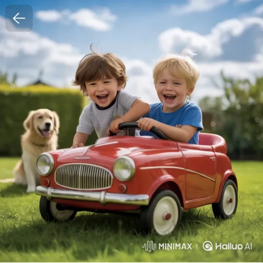Kids and Dog Play Joyfully in Vintage Toy Car – AI Generated Video | Hailuo AI