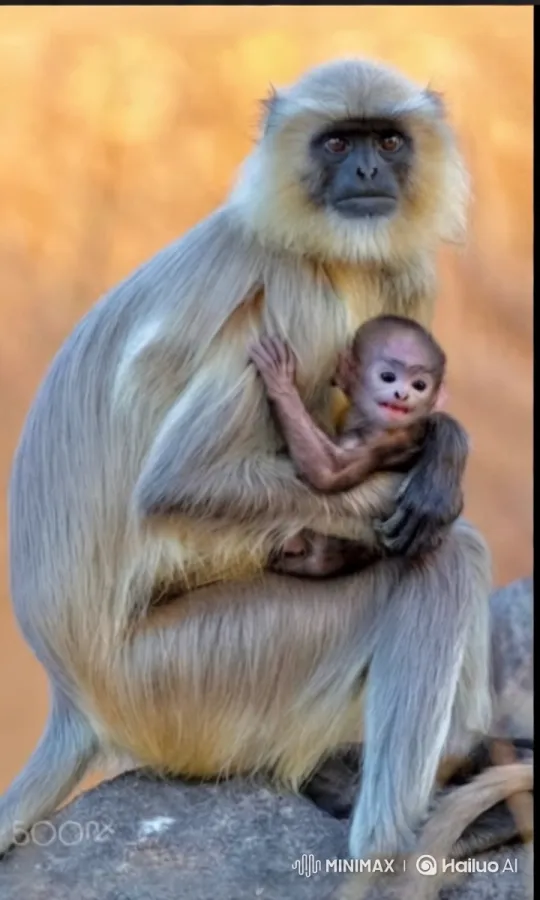 Mother and Baby Langur Bond in Tranquil Golden Setting – AI Generated Video | Hailuo AI