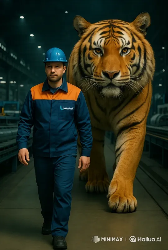 Industrial Harmony: Man and Tiger in Metal Factory – AI Generated Video | Hailuo AI