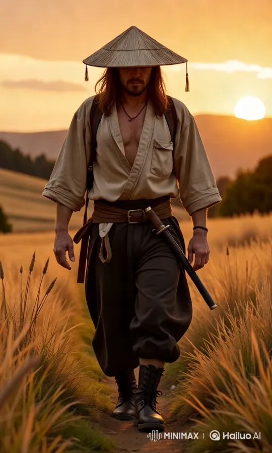 Warrior Advances Through Golden Field at Sunset – AI Generated Video | Hailuo AI