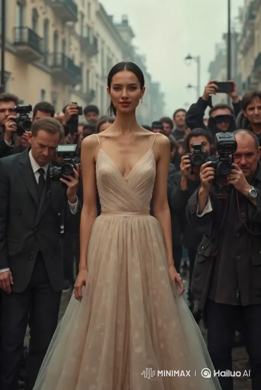Elegant Model Showcases Gown Amidst European Architecture – AI Generated Video | Hailuo AI