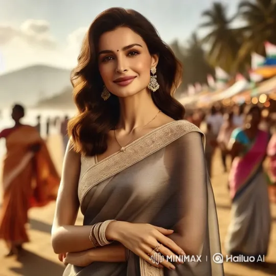 Elegant Indian Woman Showcases Grace on Vibrant Beach – AI Generated Video | Hailuo AI