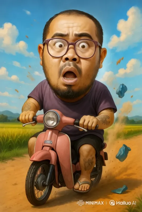 Hyperrealistic Caricature Man on Vintage Motorcycle in Rural Southeast Asia – AI Generated Video | Hailuo AI