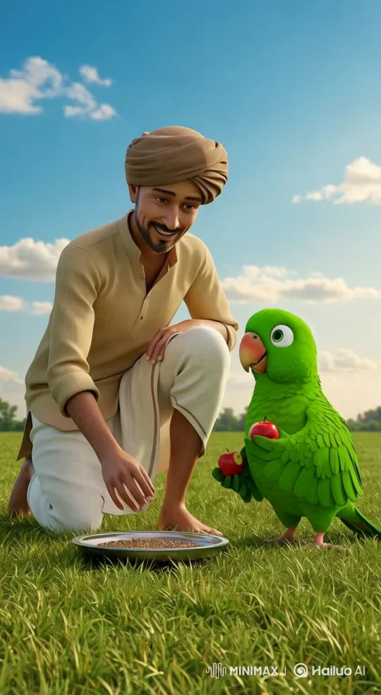 Man and Parrot Exchange Food in Gentle Breeze – AI Generated Video | Hailuo AI