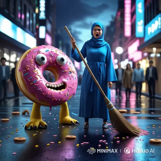 Girl in Blue Robe Battles Animated Donut in Neon City – AI Generated Video | Hailuo AI