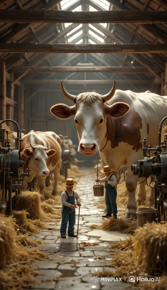 Tiny Workers: Synchronized Milking in Rustic Barn – AI Generated Video | Hailuo AI