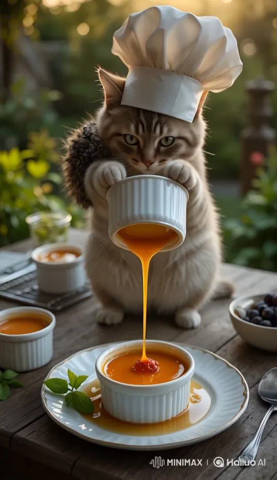 Cat Chef Unmolds Flan with Golden Caramel in Serene Garden Setting – AI Generated Video | Hailuo AI
