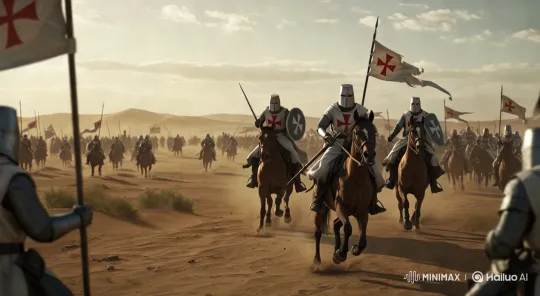 Templars' Charge Across Desert: Dramatic Horseback Pursuit – AI Generated Video | Hailuo AI