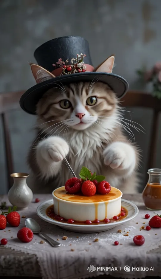 Cat Proudly Crafts Elegant Flan Dish – AI Generated Video | Hailuo AI