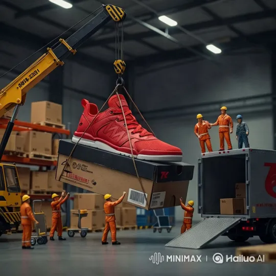 Red Sneaker Lifted by Crane in High-Aesthetic Warehouse Scene – AI Generated Video | Hailuo AI