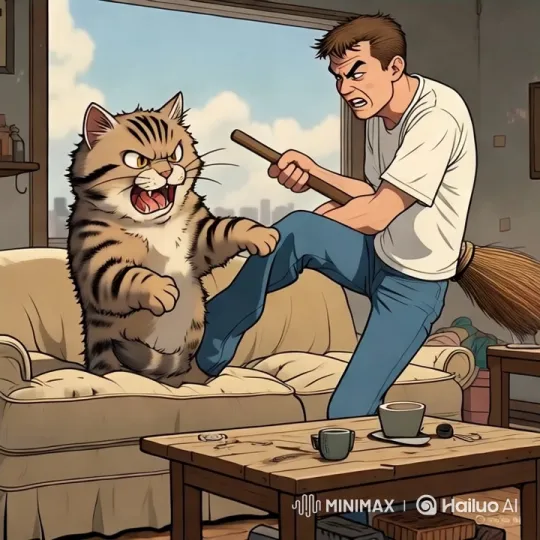 Man and Tabby Cat Confrontation in Sunny Living Room – AI Generated Video | Hailuo AI
