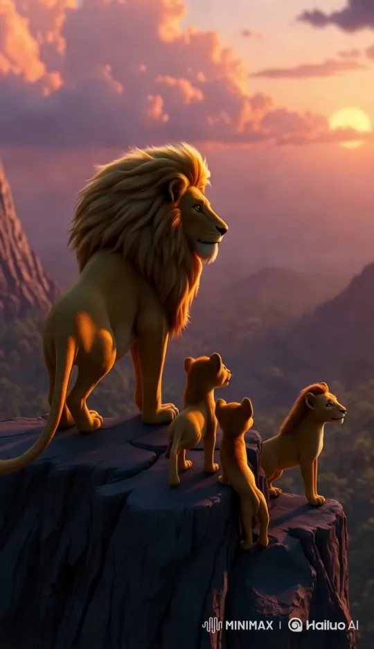 Majestic Lion and Cubs at Jungle Cliff Dawn – AI Generated Video | Hailuo AI