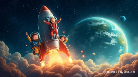 Children's Cosmic Adventure in Vibrant Astronaut Suits – AI Generated Video | Hailuo AI