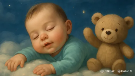 Baby and Teddy Bear Float in Dreamy Starry Sky – AI Generated Video | Hailuo AI