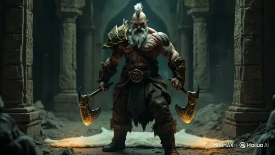 Warrior with Dual Flaming Axes in Ancient Temple - 4K Fantasy Epic – AI Generated Video | Hailuo AI