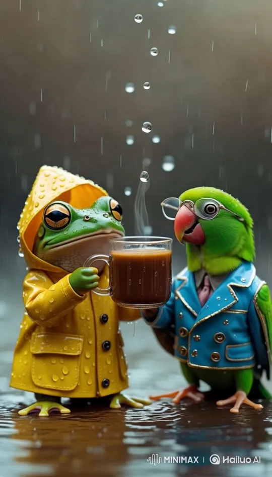 Charming Frog and Parrot Enjoy Tea on Rainy Day – AI Generated Video | Hailuo AI
