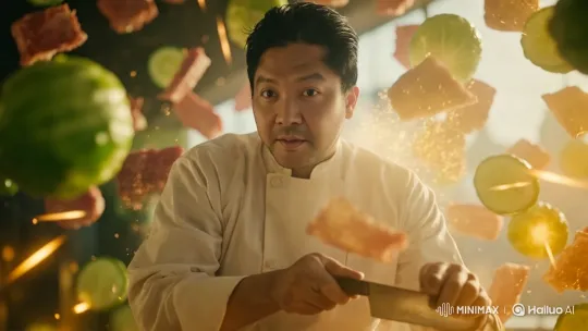 Chef's Artistry: Dynamic Culinary Display in Golden Light – AI Generated Video | Hailuo AI