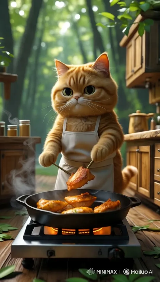 Ginger Cat Cooks in Enchanted Forest Kitchen – AI Generated Video | Hailuo AI
