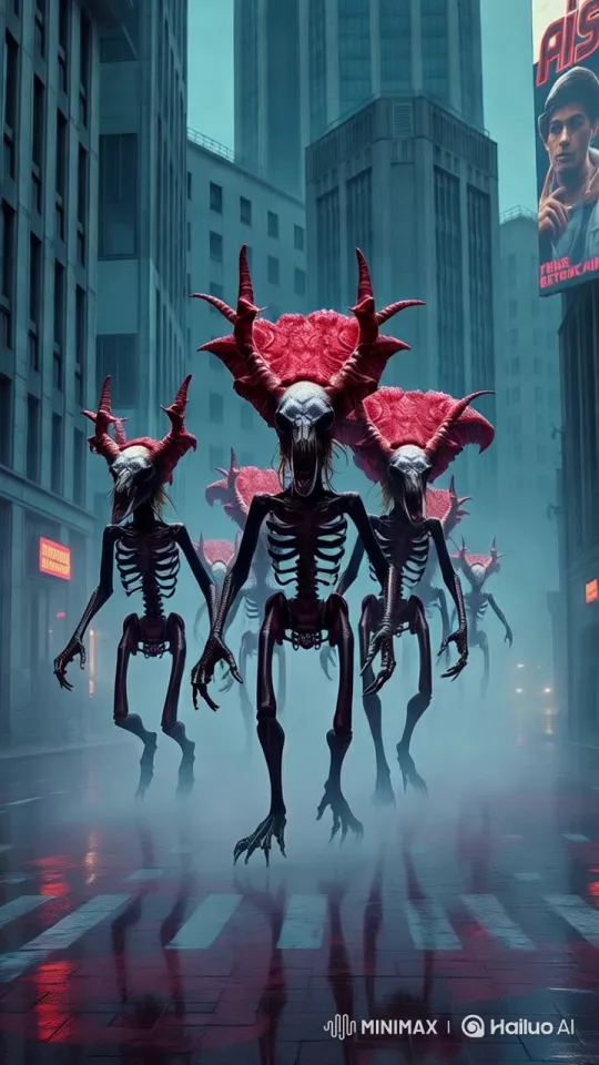 Eerie Skeletal Creatures Haunt Misty City Streets – AI Generated Video | Hailuo AI