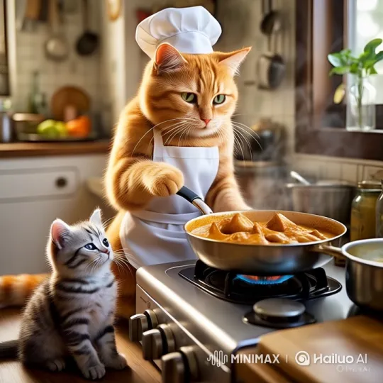 Cat Chef Stirs Pot with Kitten Observer – AI Generated Video | Hailuo AI
