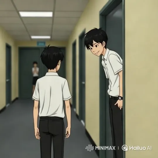 Aesthetic Hallway Scene with Young Men Conversing – AI Generated Video | Hailuo AI