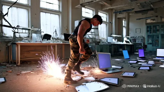 Bodybuilder Navigates Post-Apocalyptic Tech Lab – AI Generated Video | Hailuo AI