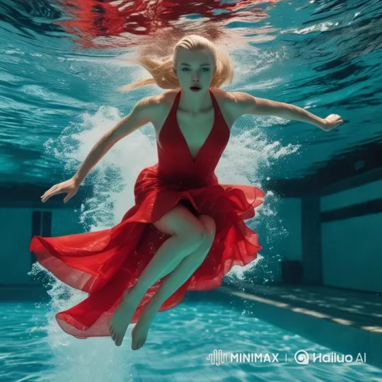 Woman in Red Dress Leaps in Crystal Pool with Elegance – AI Generated Video | Hailuo AI