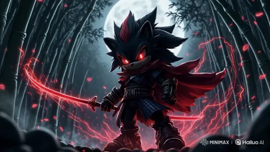 Black-Furred Hedgehog in Moonlit Bamboo Forest with Crimson Blade – AI Generated Video | Hailuo AI